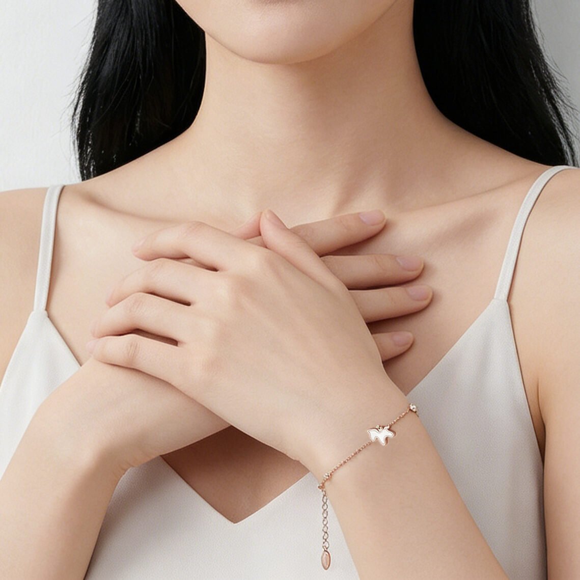 Dainty Mother of Pearl Horse Charm Bracelet - Rose Gold Lucky Coin Jewelry for Wealth & Success - Aruary Studio ｜ Artisanal Jewelry