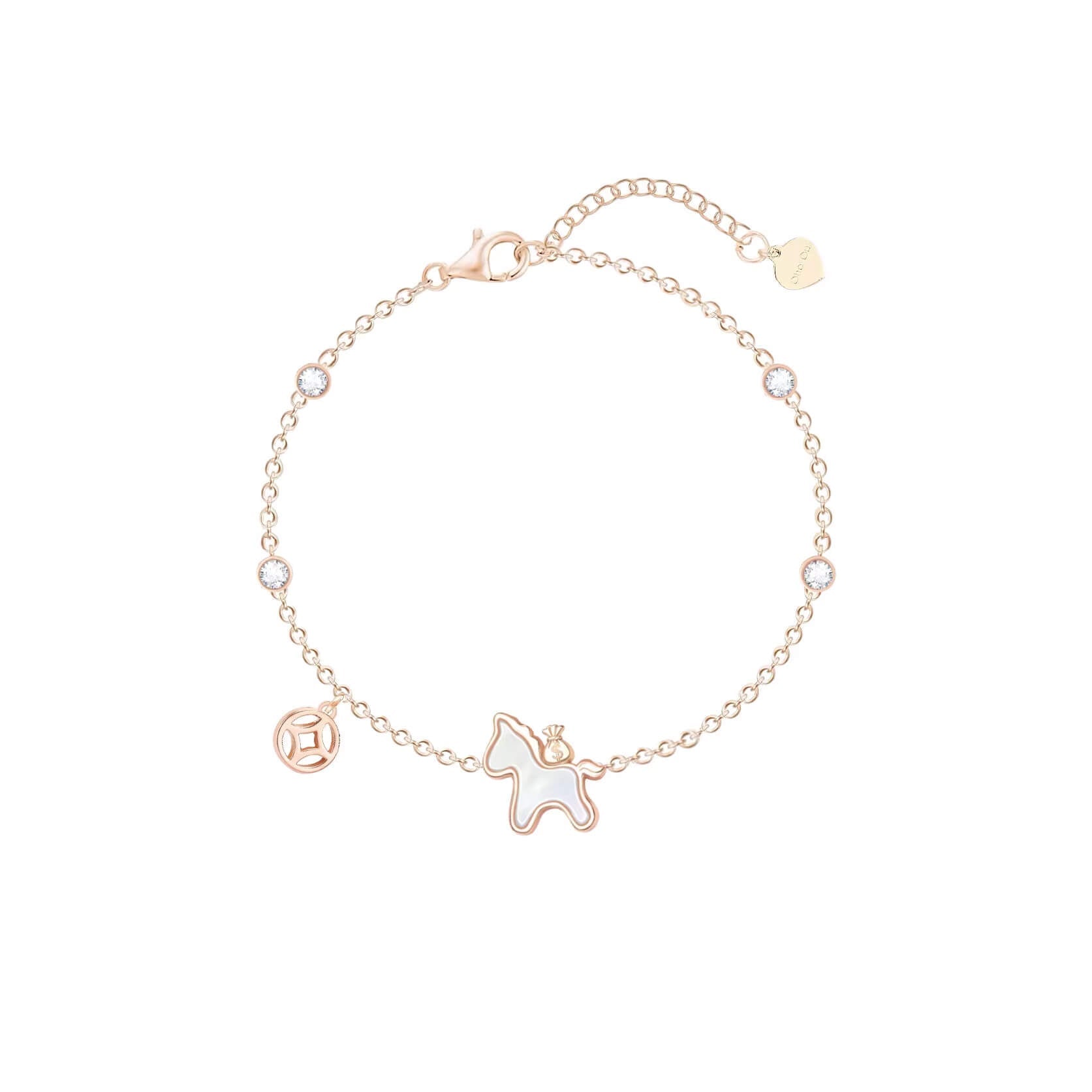 Dainty Mother of Pearl Horse Charm Bracelet - Rose Gold Lucky Coin Jewelry for Wealth & Success - Aruary Studio ｜ Artisanal Jewelry
