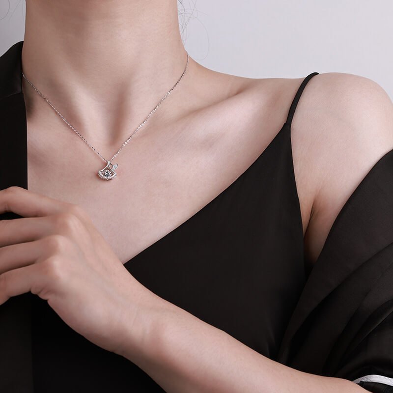 Dancing Moissanite Ginkgo Leaf Necklace in 925 Sterling Silver | Shimmering Lab Diamond Alternative Pendant | Nature - Inspired Fine Jewelry Gift - Aruary Studio ｜ Artisanal Jewelry