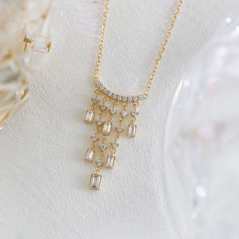 Diamond Cluster Tassel Necklace & Ring | 925 Sterling Silver Plated 14K Gold - Aruary Studio ｜ Artisanal Jewelry