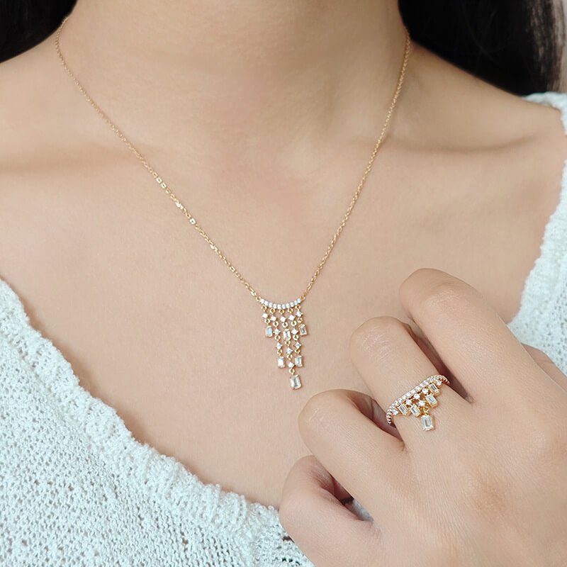 Diamond Cluster Tassel Necklace & Ring | 925 Sterling Silver Plated 14K Gold - Aruary Studio ｜ Artisanal Jewelry