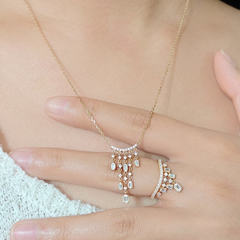 Diamond Cluster Tassel Necklace & Ring | 925 Sterling Silver Plated 14K Gold - Aruary Studio ｜ Artisanal Jewelry