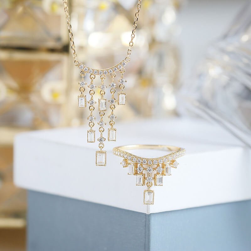 Diamond Cluster Tassel Necklace & Ring | 925 Sterling Silver Plated 14K Gold - Aruary Studio ｜ Artisanal Jewelry