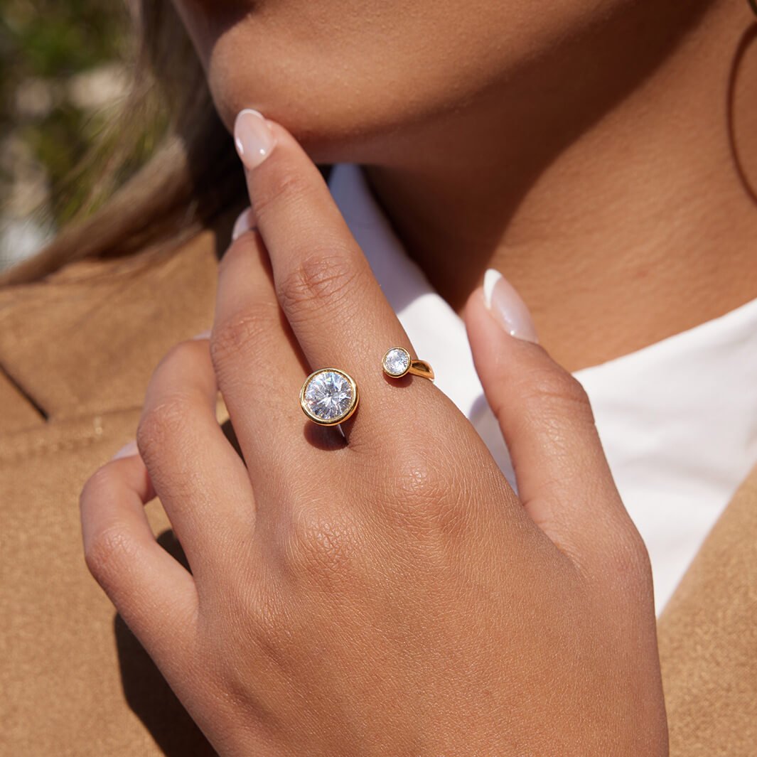 Double 5A Zircon Open Ring | 18K Gold - Plated Titanium Steel - Aruary Studio ｜ Artisanal Jewelry