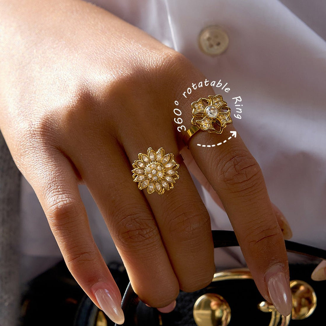 Double - Layer Spinning Anxiety Relief Ring | Titanium Steel Gold - Plated + Zircon - Aruary Studio ｜ Artisanal Jewelry