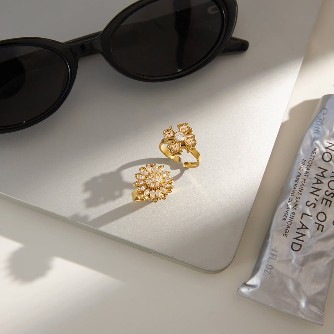 Double - Layer Spinning Anxiety Relief Ring | Titanium Steel Gold - Plated + Zircon - Aruary Studio ｜ Artisanal Jewelry