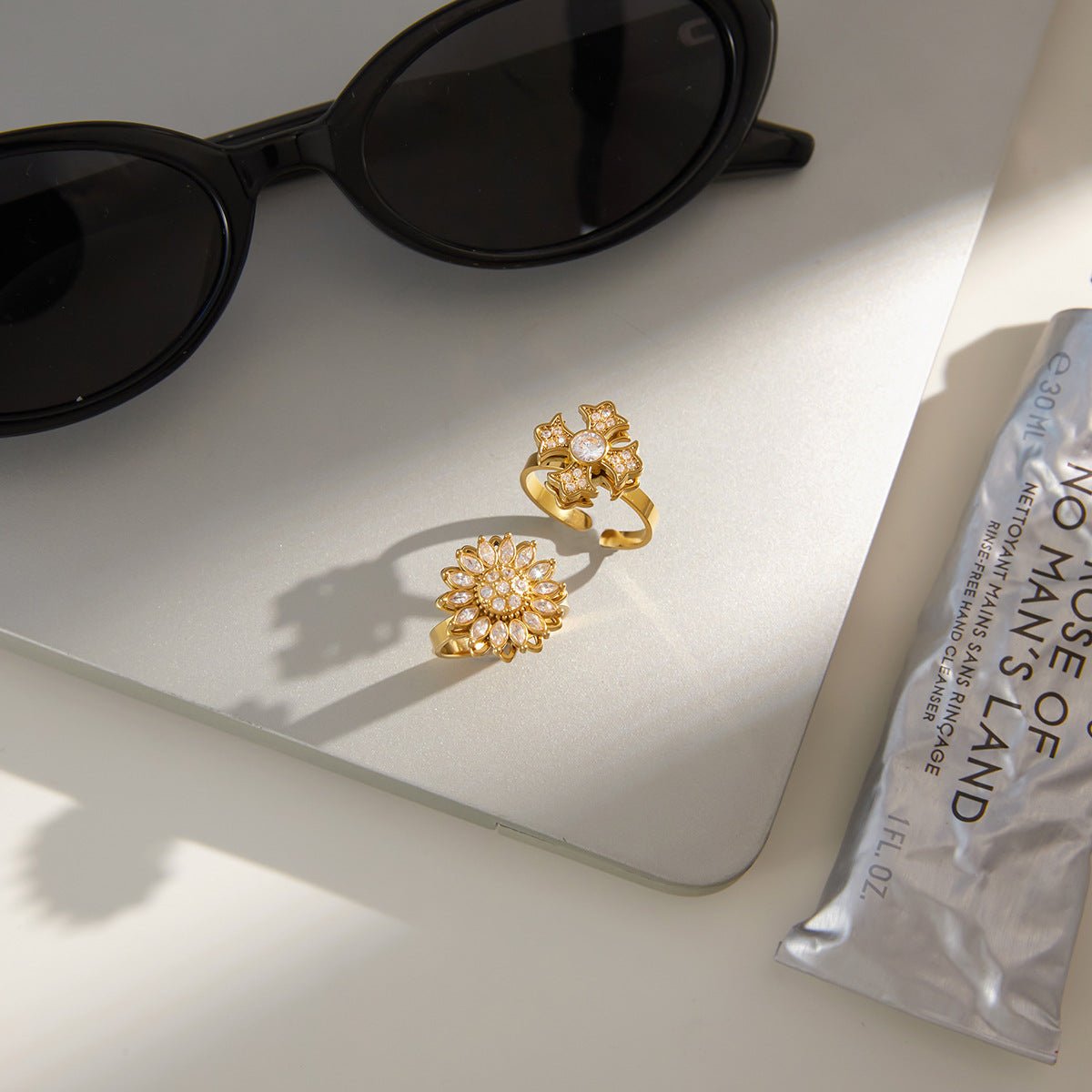 Double - Layer Spinning Anxiety Relief Ring | Titanium Steel Gold - Plated + Zircon - Aruary Studio ｜ Artisanal Jewelry