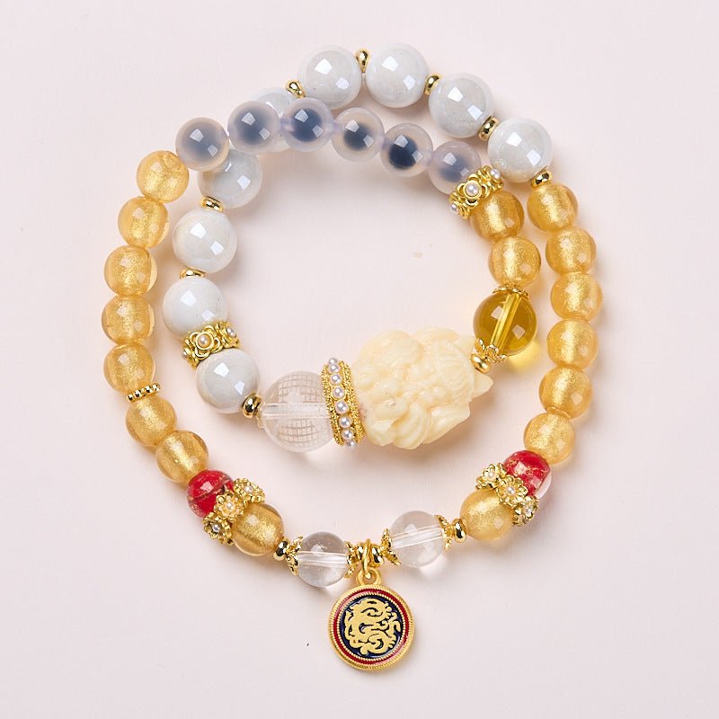 Double - Strand Nine - Tailed Fox Bracelet | Incense Ash Glass & Agate Luck Bracelet - Aruary Studio ｜ Artisanal Jewelry