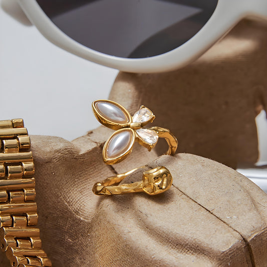 Gold-Tone Butterfly Pearl & Crystal Ring Set