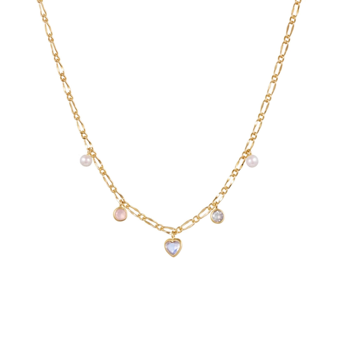 Eco-friendly 18K gold plated necklace featuring heart-shaped cubic zirconia, pearls, and pastel charms on a dainty link chain.