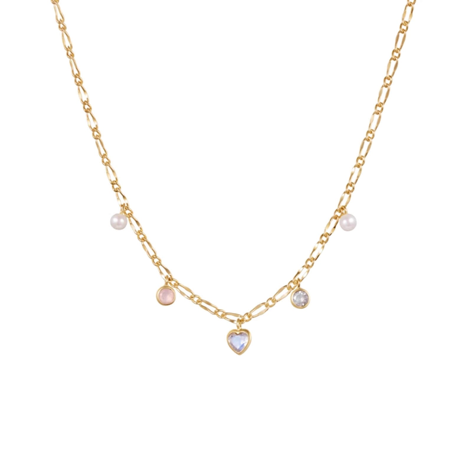 Eco-friendly 18K gold plated necklace featuring heart-shaped cubic zirconia, pearls, and pastel charms on a dainty link chain.