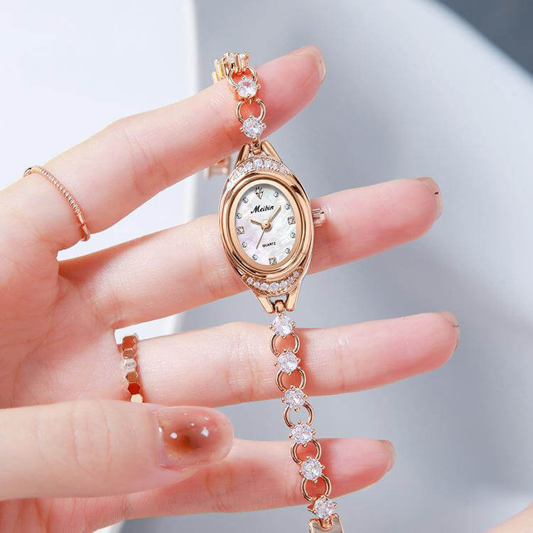 Elegant Oval Crystal Bracelet Watch – Sparkling Silver - Tone Jewelry Watch with Mother of Pearl Dial, Dainty Timepiece for Women - Aruary Studio ｜ Artisanal Jewelry