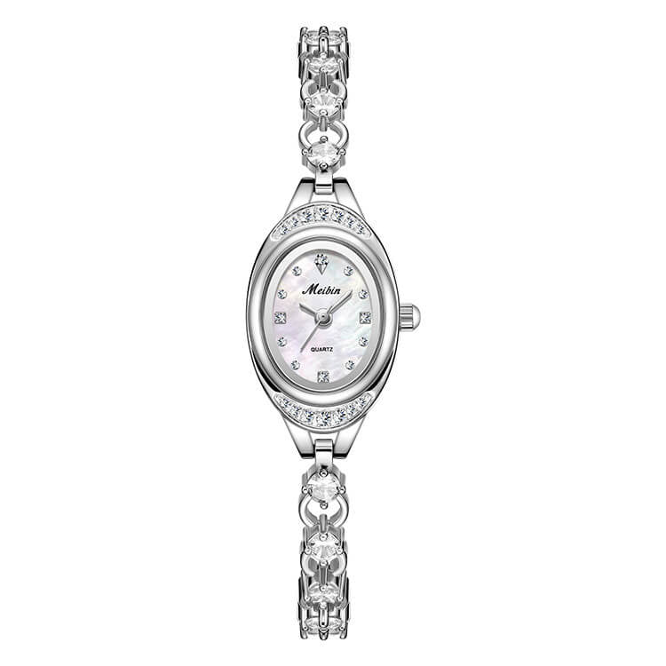 Elegant Oval Crystal Bracelet Watch – Sparkling Silver - Tone Jewelry Watch with Mother of Pearl Dial, Dainty Timepiece for Women - Aruary Studio ｜ Artisanal Jewelry
