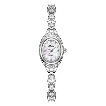 Elegant Oval Crystal Bracelet Watch – Sparkling Silver - Tone Jewelry Watch with Mother of Pearl Dial, Dainty Timepiece for Women - Aruary Studio ｜ Artisanal Jewelry