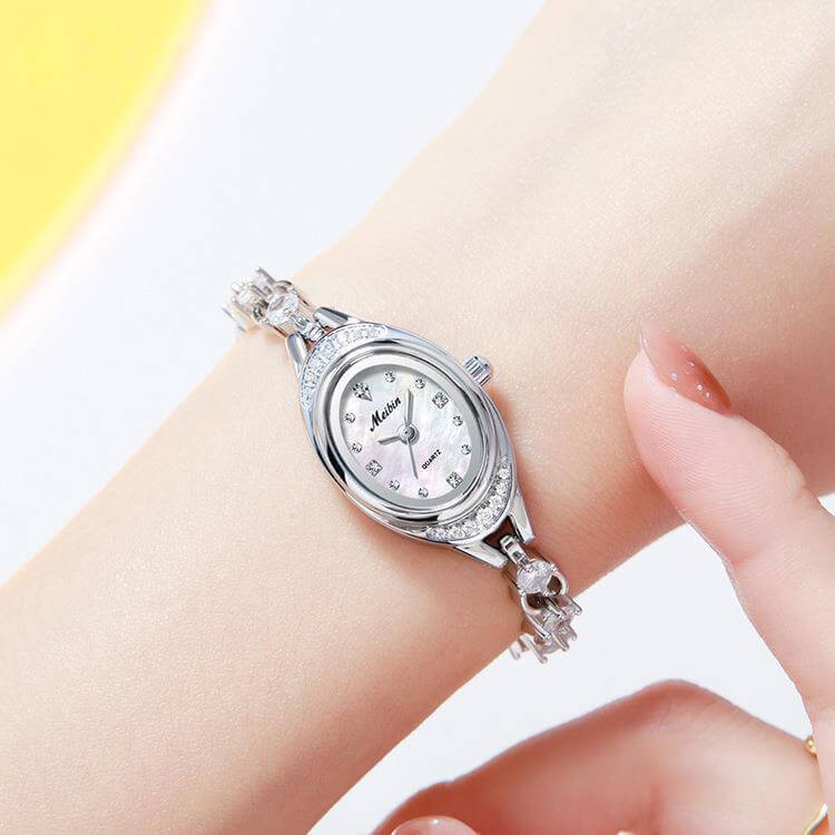 Elegant Oval Crystal Bracelet Watch – Sparkling Silver - Tone Jewelry Watch with Mother of Pearl Dial, Dainty Timepiece for Women - Aruary Studio ｜ Artisanal Jewelry