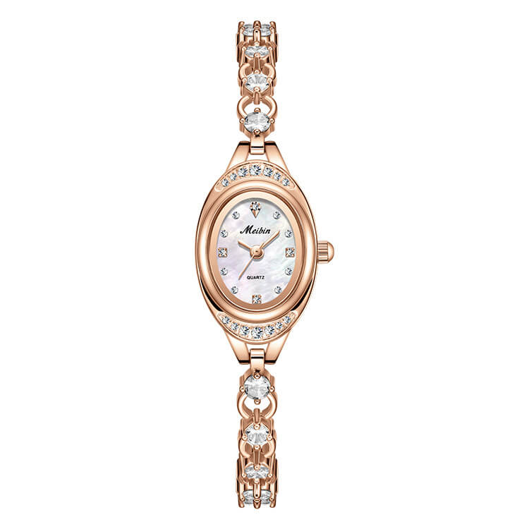 Elegant Oval Crystal Bracelet Watch – Sparkling Silver - Tone Jewelry Watch with Mother of Pearl Dial, Dainty Timepiece for Women - Aruary Studio ｜ Artisanal Jewelry