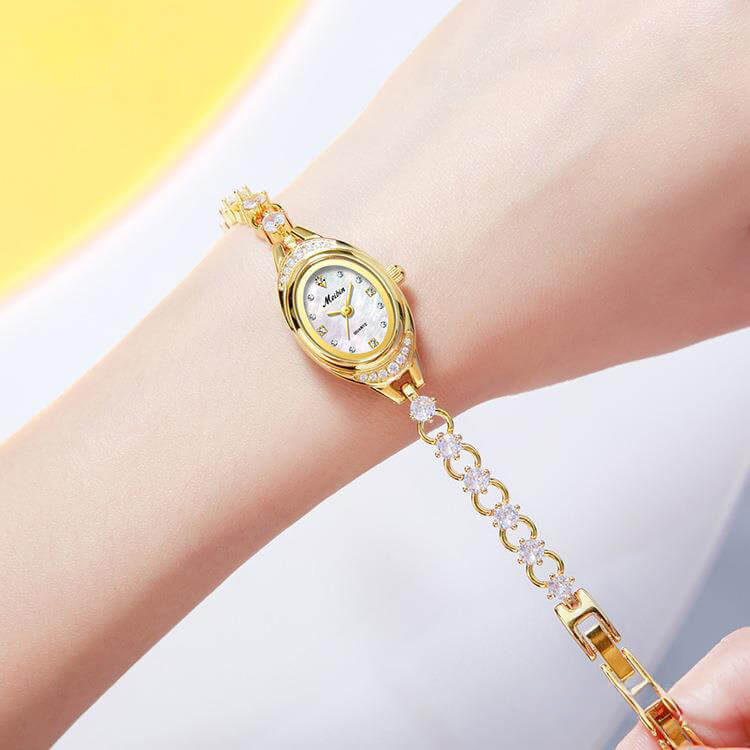 Elegant Oval Crystal Bracelet Watch – Sparkling Silver - Tone Jewelry Watch with Mother of Pearl Dial, Dainty Timepiece for Women - Aruary Studio ｜ Artisanal Jewelry