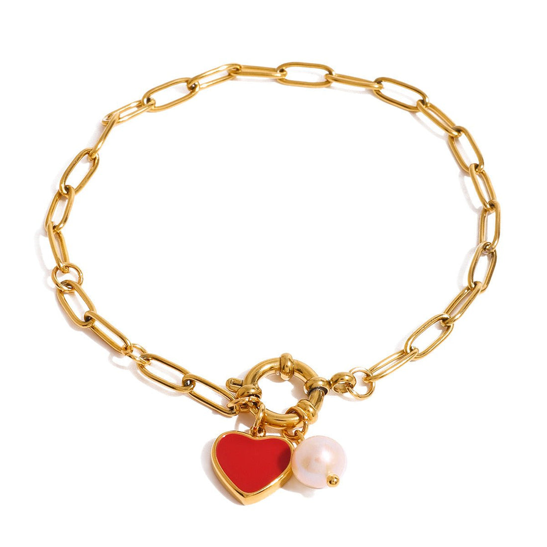 Enamel Heart Pearl Bracelet - 18K Gold Plated Titanium Chain, Dainty Adjustable 21cm Sweetheart Jewelry - Aruary Studio ｜ Artisanal Jewelry