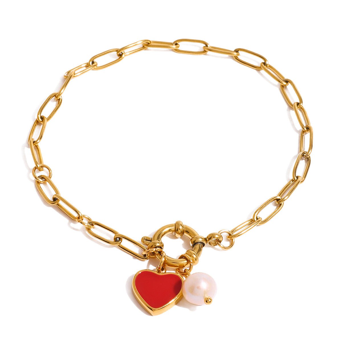 Enamel Heart Pearl Bracelet - 18K Gold Plated Titanium Chain, Dainty Adjustable 21cm Sweetheart Jewelry - Aruary Studio ｜ Artisanal Jewelry