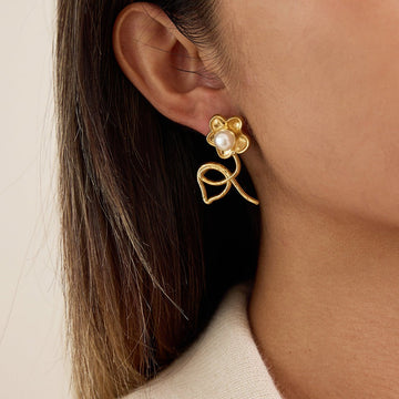 Flower Pearl Stud Earrings | Titanium Steel Gold - Plated - Aruary Studio ｜ Artisanal Jewelry