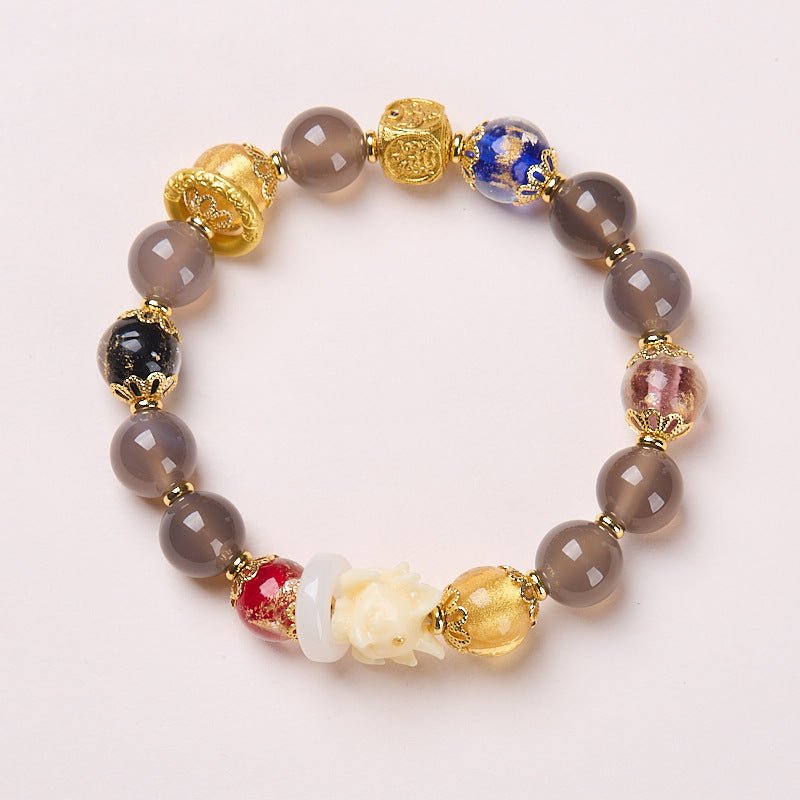 Four - Direction Fox Spirit Smoky Purple Agate Bracelet | Gold Foil Glass Luck Bracelet - Aruary Studio ｜ Artisanal Jewelry