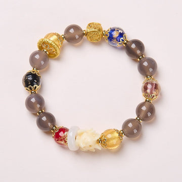 Four - Direction Fox Spirit Smoky Purple Agate Bracelet | Gold Foil Glass Luck Bracelet - Aruary Studio ｜ Artisanal Jewelry