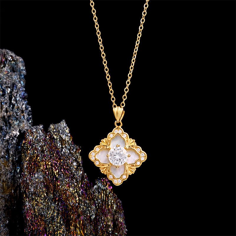 French Mother - of - Pearl Four - Leaf Clover Necklace | 925 Sterling Silver + 0.3ct Moissanite - Symbol of Luck & Timeless Elegance - Aruary Studio ｜ Artisanal Jewelry