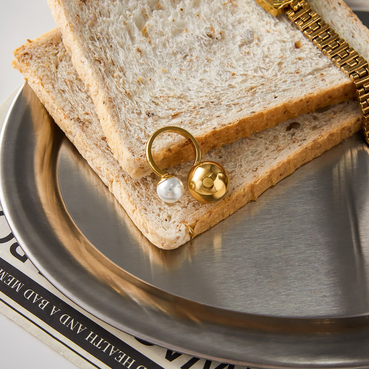 Geometric Pearl Statement Ring | Titanium Steel & Simulated Pearl | Water - Resistant Minimalist Jewelry - Aruary Studio ｜ Artisanal Jewelry