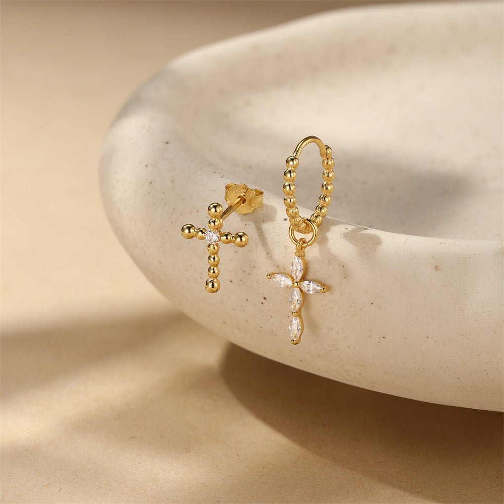 Gold Cross Asymmetric Dangle Earrings - Aruary Studio ｜ Artisanal Jewelry
