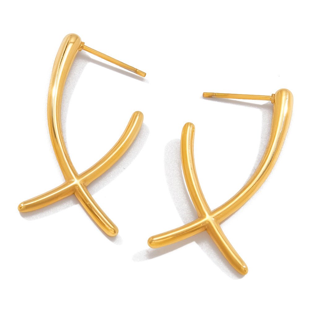 Gold Crossed Line Stud Earrings | 18K Gold - Plated Titanium Steel - Aruary Studio ｜ Artisanal Jewelry