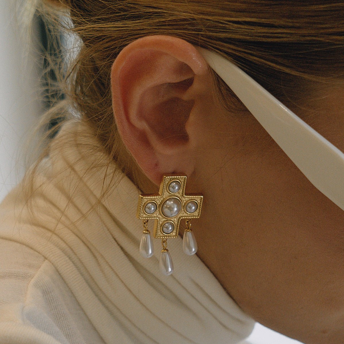 Gold Plated Cross Pearl Dangle Earrings - Titanium Steel Religious Teardrop Earrings for Women - Aruary Studio ｜ Artisanal Jewelry