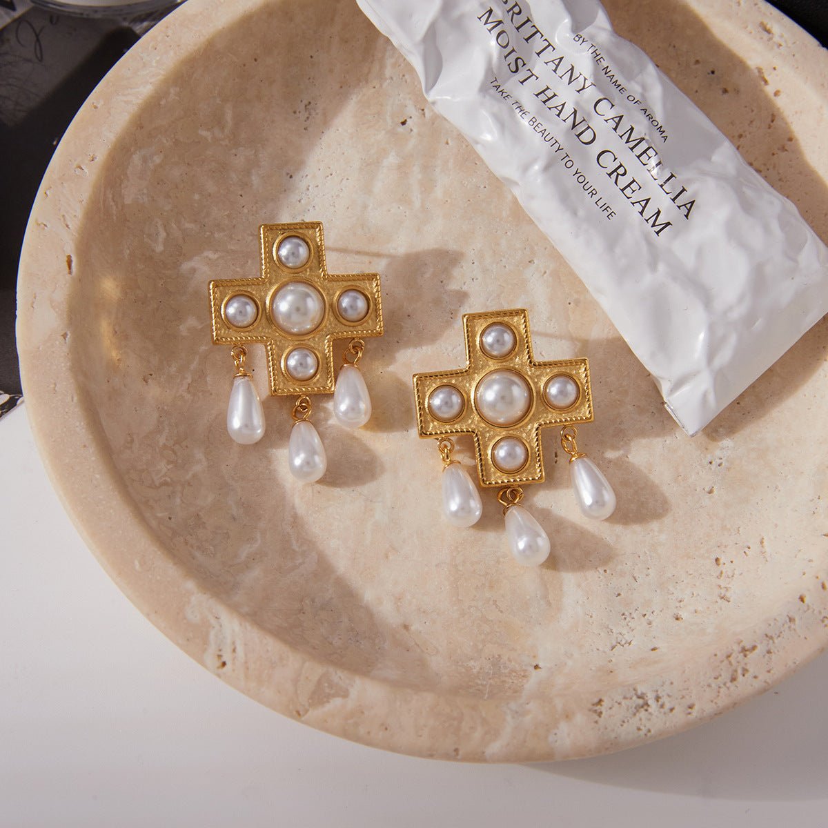 Gold Plated Cross Pearl Dangle Earrings - Titanium Steel Religious Teardrop Earrings for Women - Aruary Studio ｜ Artisanal Jewelry