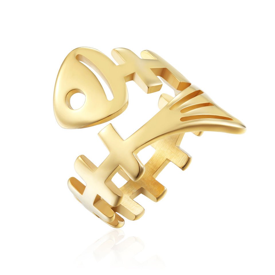 Gold - Plated Titanium Steel Fishbone Ring - Edgy and Stylish Statement Jewelry - Aruary Studio ｜ Artisanal Jewelry