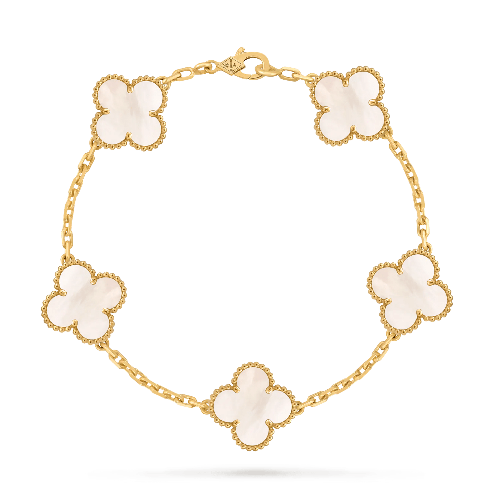 Gold Plated White Mother of Pearl Clover Bracelet - 925 Sterling Silver Lucky Charm Jewelry with Adjustable Chain - Aruary Studio ｜ Artisanal Jewelry