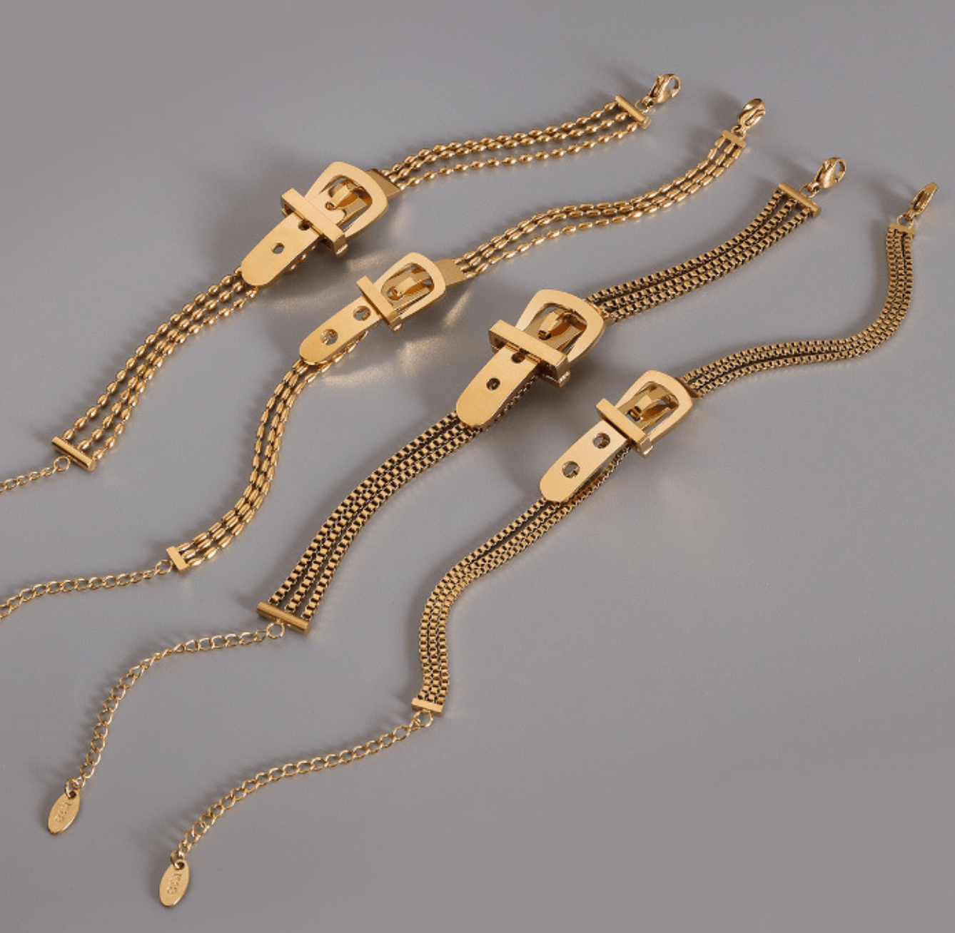 Gold - Toned Belt Buckle Layered Chain Bracelet - Stackable Edgy Statement Jewelry with Unique Clasp Detail - Aruary Studio ｜ Artisanal Jewelry