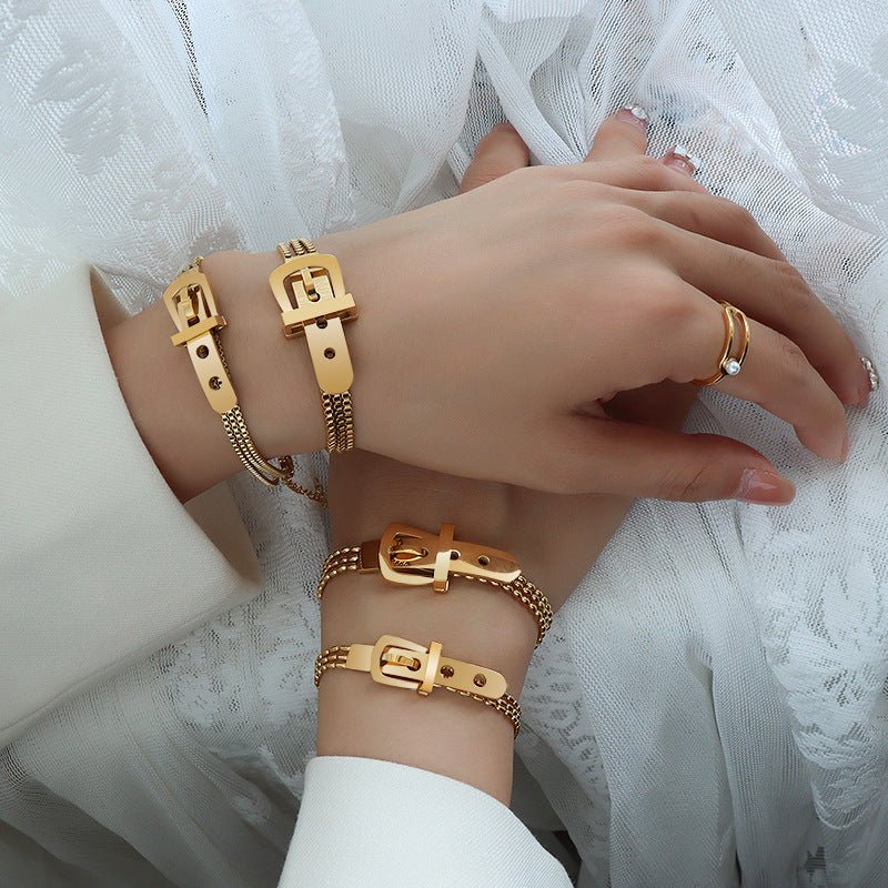 Gold - Toned Belt Buckle Layered Chain Bracelet - Stackable Edgy Statement Jewelry with Unique Clasp Detail - Aruary Studio ｜ Artisanal Jewelry