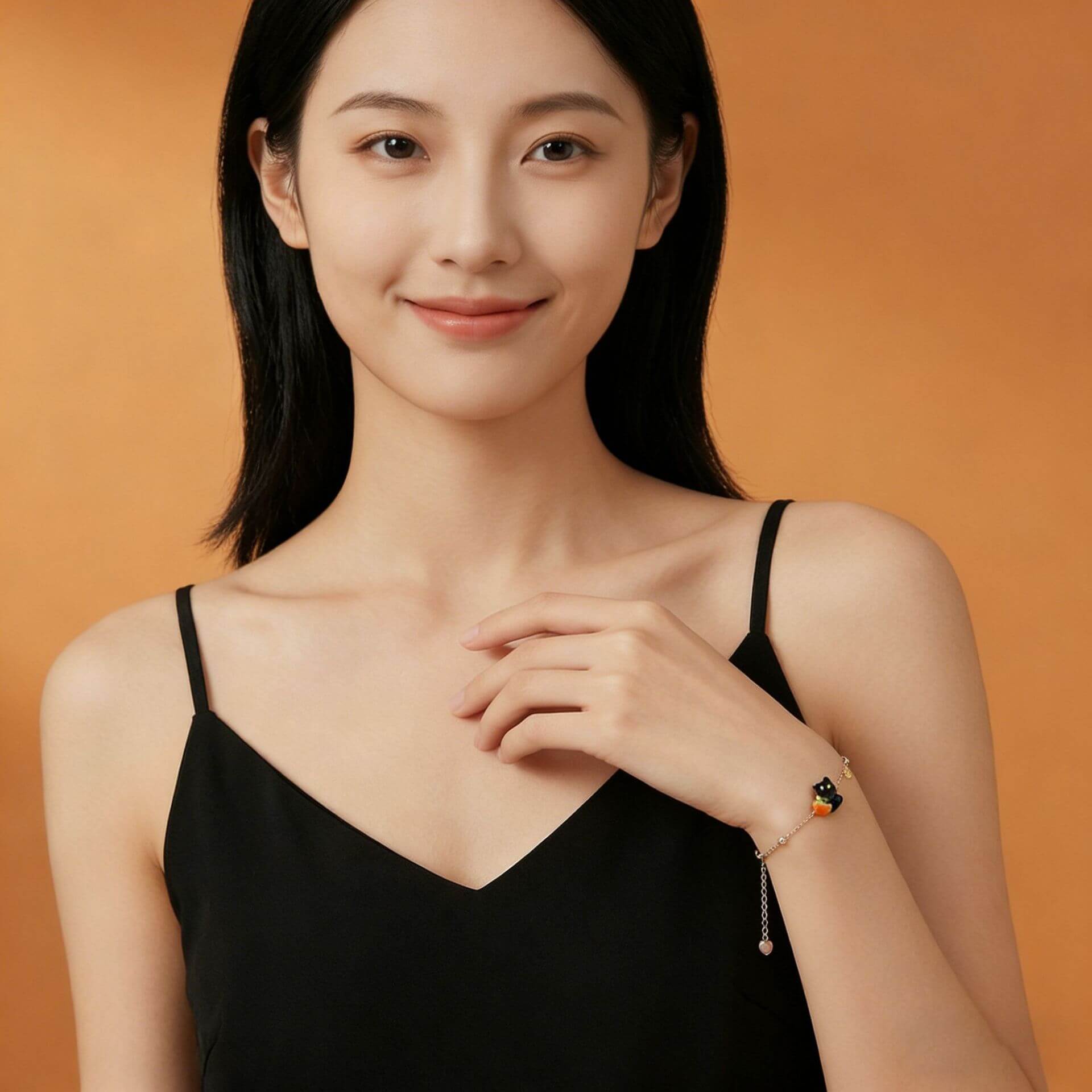 Good Fortune Black Cat Charm Bracelet - Rose Gold Persimmon & Peanut Dainty Jewelry for Women - Aruary Studio ｜ Artisanal Jewelry