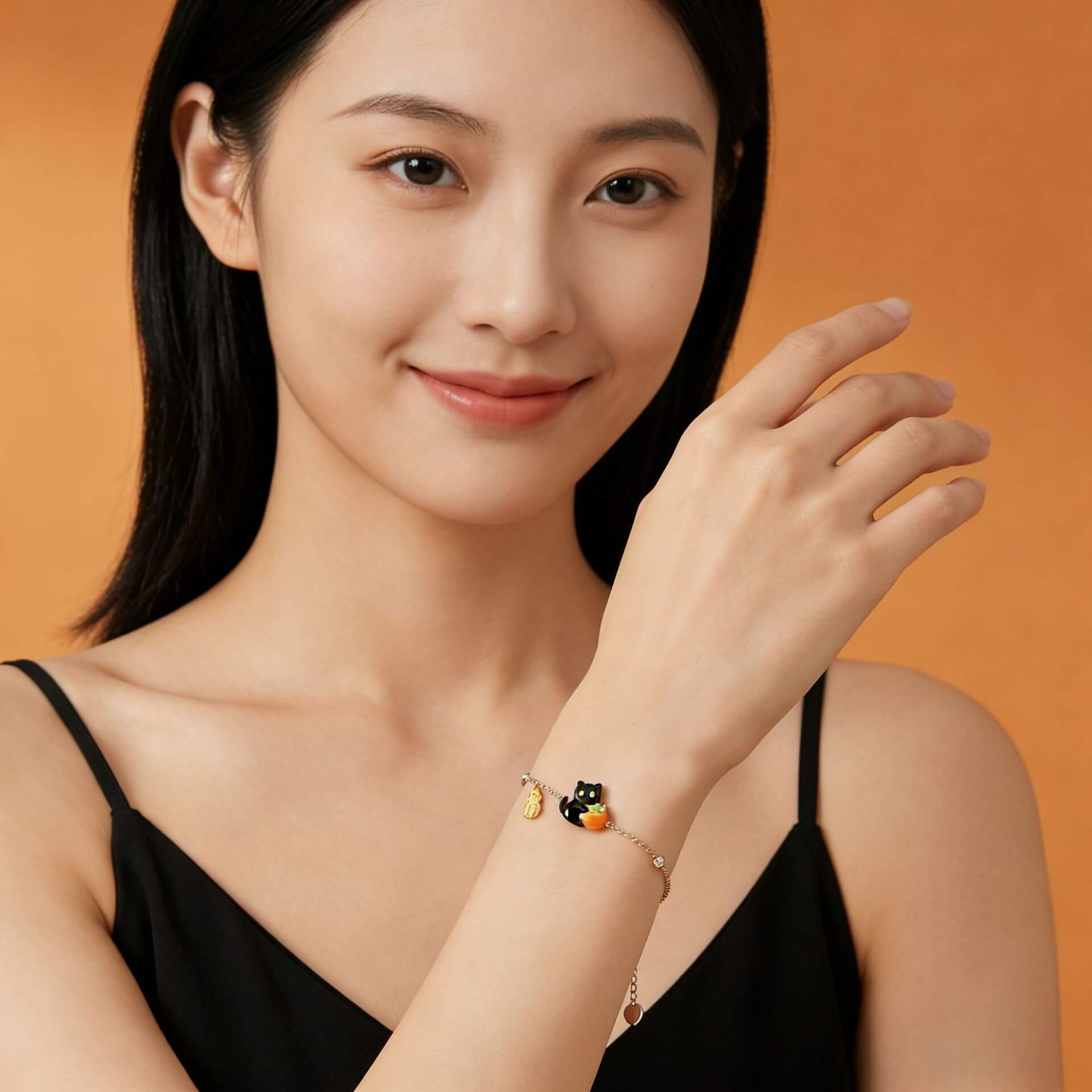 Good Fortune Black Cat Charm Bracelet - Rose Gold Persimmon & Peanut Dainty Jewelry for Women - Aruary Studio ｜ Artisanal Jewelry