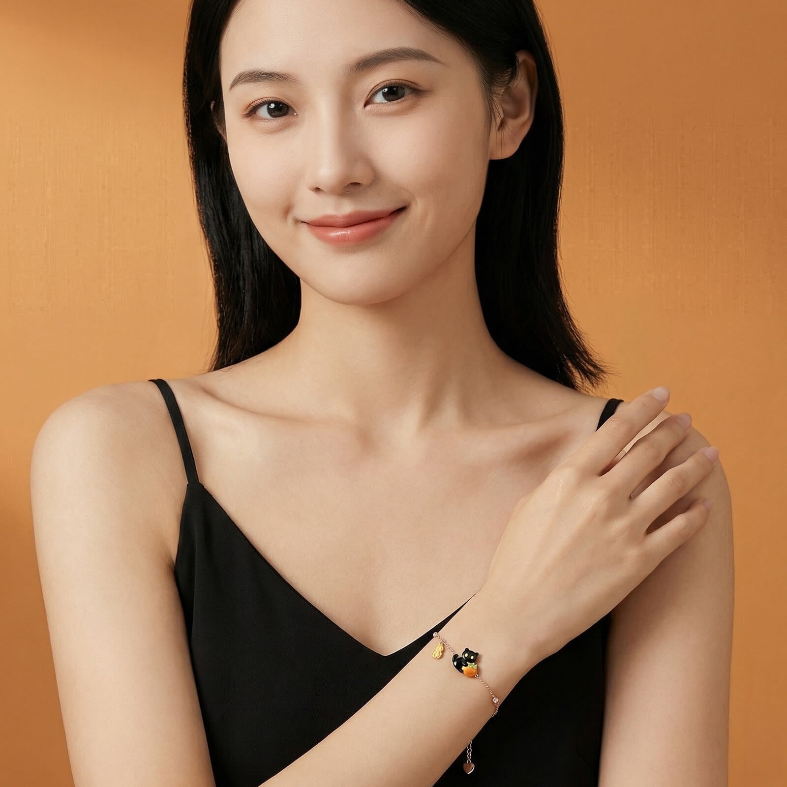 Good Fortune Black Cat Charm Bracelet - Rose Gold Persimmon & Peanut Dainty Jewelry for Women - Aruary Studio ｜ Artisanal Jewelry