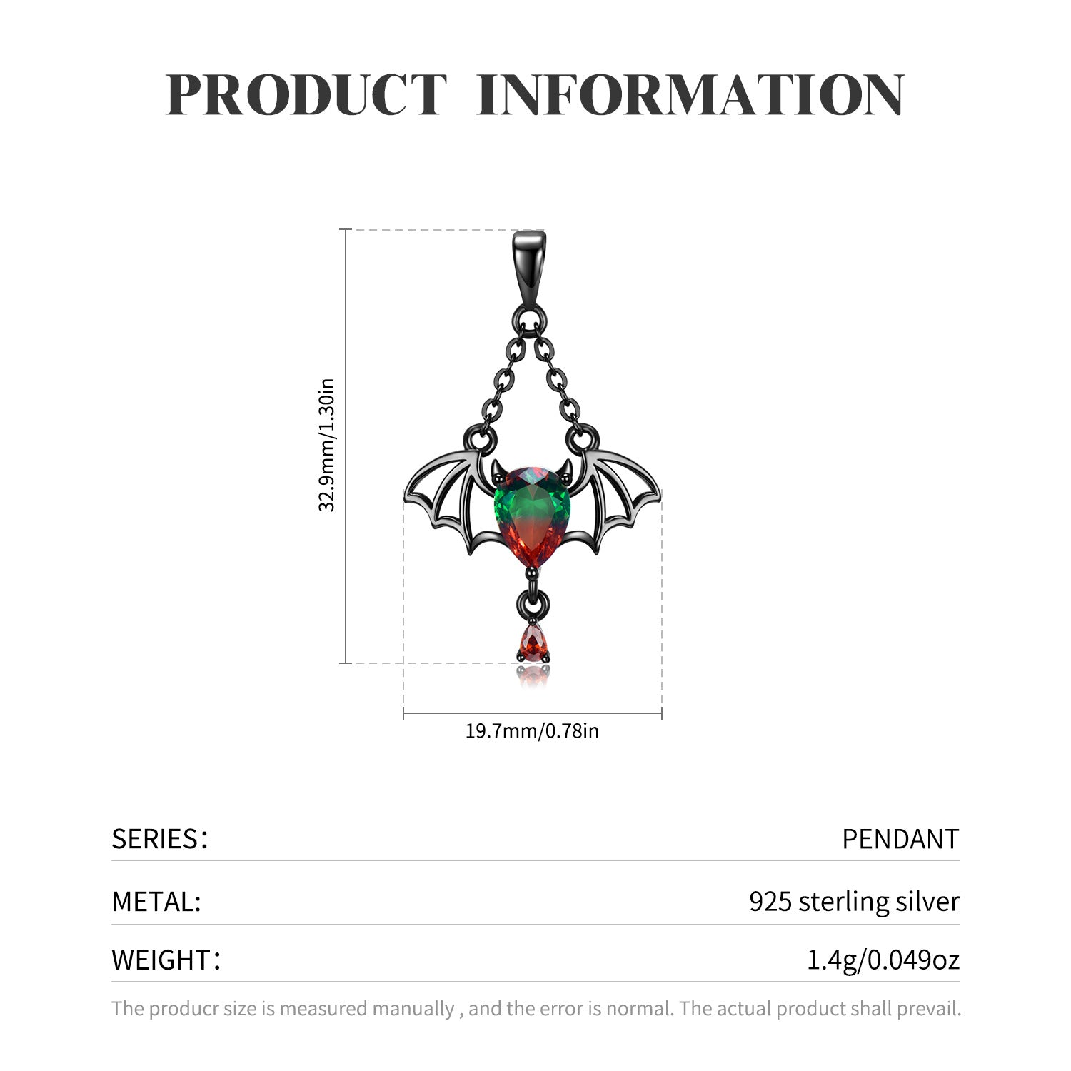 Gothic Bat Wing Necklace with Red Green Teardrop Crystal - 925 Sterling Silver Halloween Vampire Jewelry - Aruary Studio ｜ Artisanal Jewelry