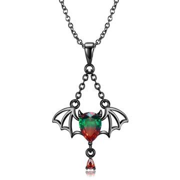 Gothic Bat Wing Necklace with Red Green Teardrop Crystal - 925 Sterling Silver Halloween Vampire Jewelry - Aruary Studio ｜ Artisanal Jewelry
