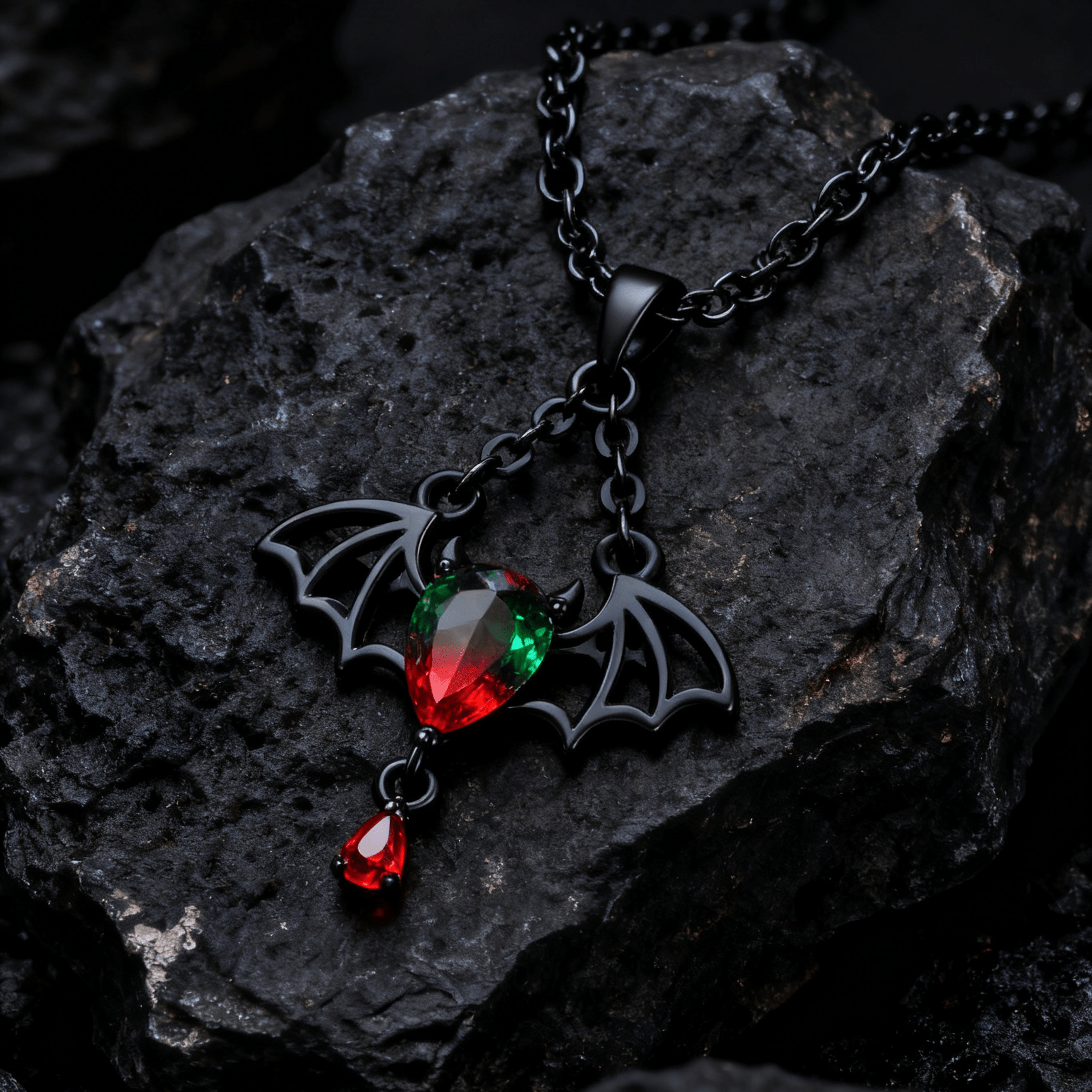 Gothic Bat Wing Necklace with Red Green Teardrop Crystal - 925 Sterling Silver Halloween Vampire Jewelry - Aruary Studio ｜ Artisanal Jewelry