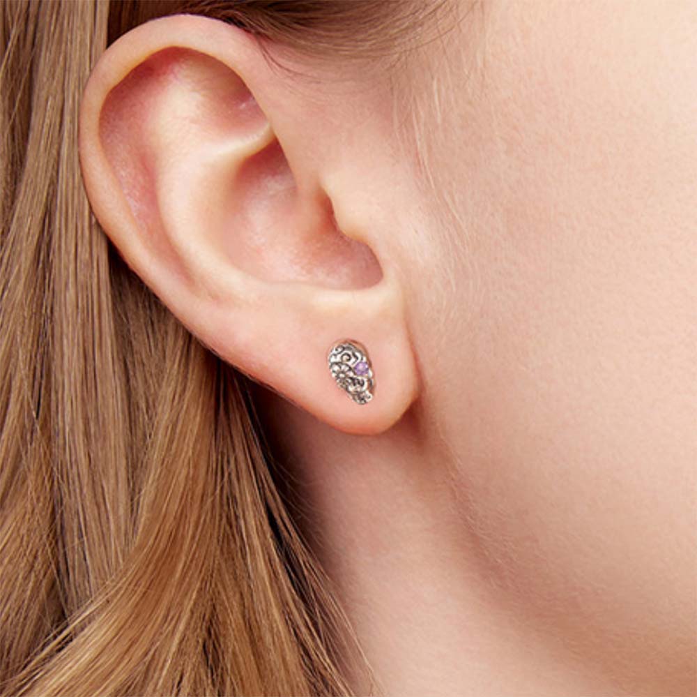 Gothic Floral Skull Stud Earrings with Purple Crystal - 925 Sterling Silver Halloween Jewelry - Aruary Studio ｜ Artisanal Jewelry