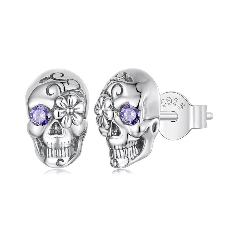 Gothic Floral Skull Stud Earrings with Purple Crystal - 925 Sterling Silver Halloween Jewelry - Aruary Studio ｜ Artisanal Jewelry