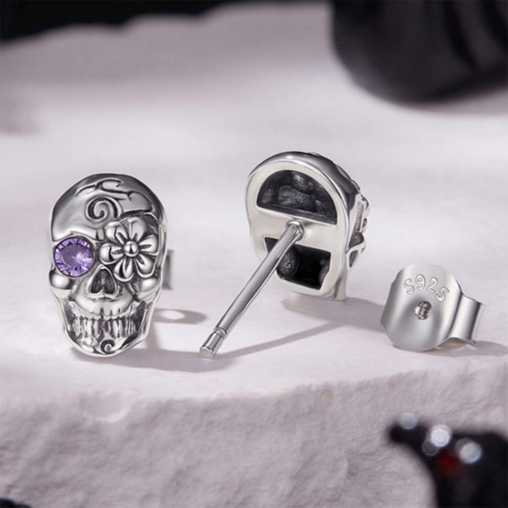 Gothic Floral Skull Stud Earrings with Purple Crystal - 925 Sterling Silver Halloween Jewelry - Aruary Studio ｜ Artisanal Jewelry