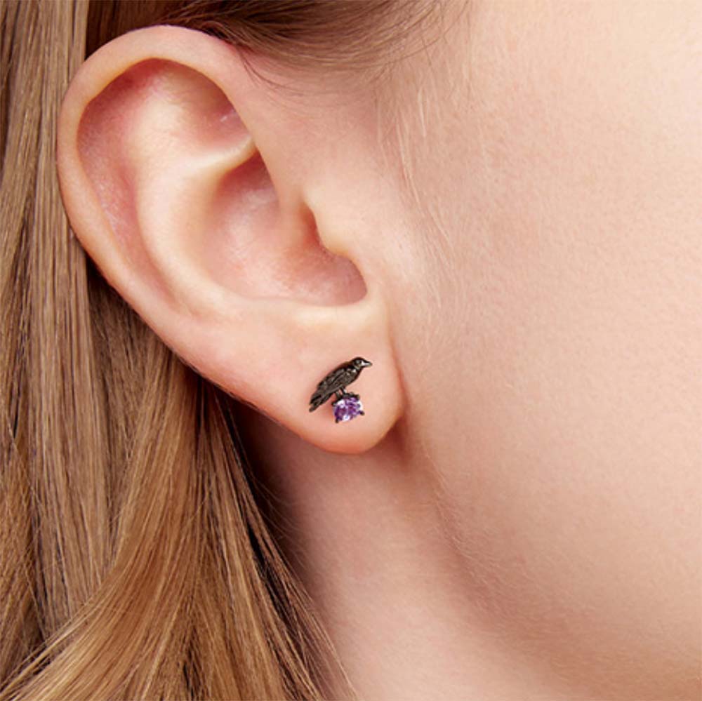 Gothic Raven Stud Earrings with Purple Crystal - 925 Sterling Silver Halloween Symbolism Jewelry - Aruary Studio ｜ Artisanal Jewelry