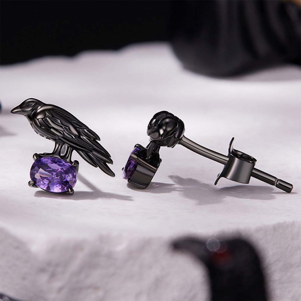 Gothic Raven Stud Earrings with Purple Crystal - 925 Sterling Silver Halloween Symbolism Jewelry - Aruary Studio ｜ Artisanal Jewelry