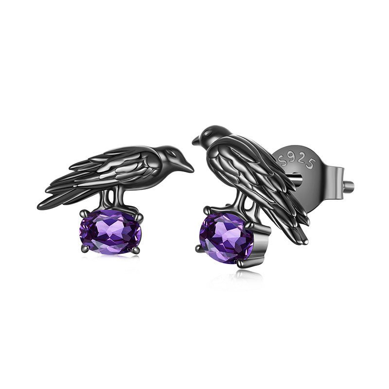 Gothic Raven Stud Earrings with Purple Crystal - 925 Sterling Silver Halloween Symbolism Jewelry - Aruary Studio ｜ Artisanal Jewelry