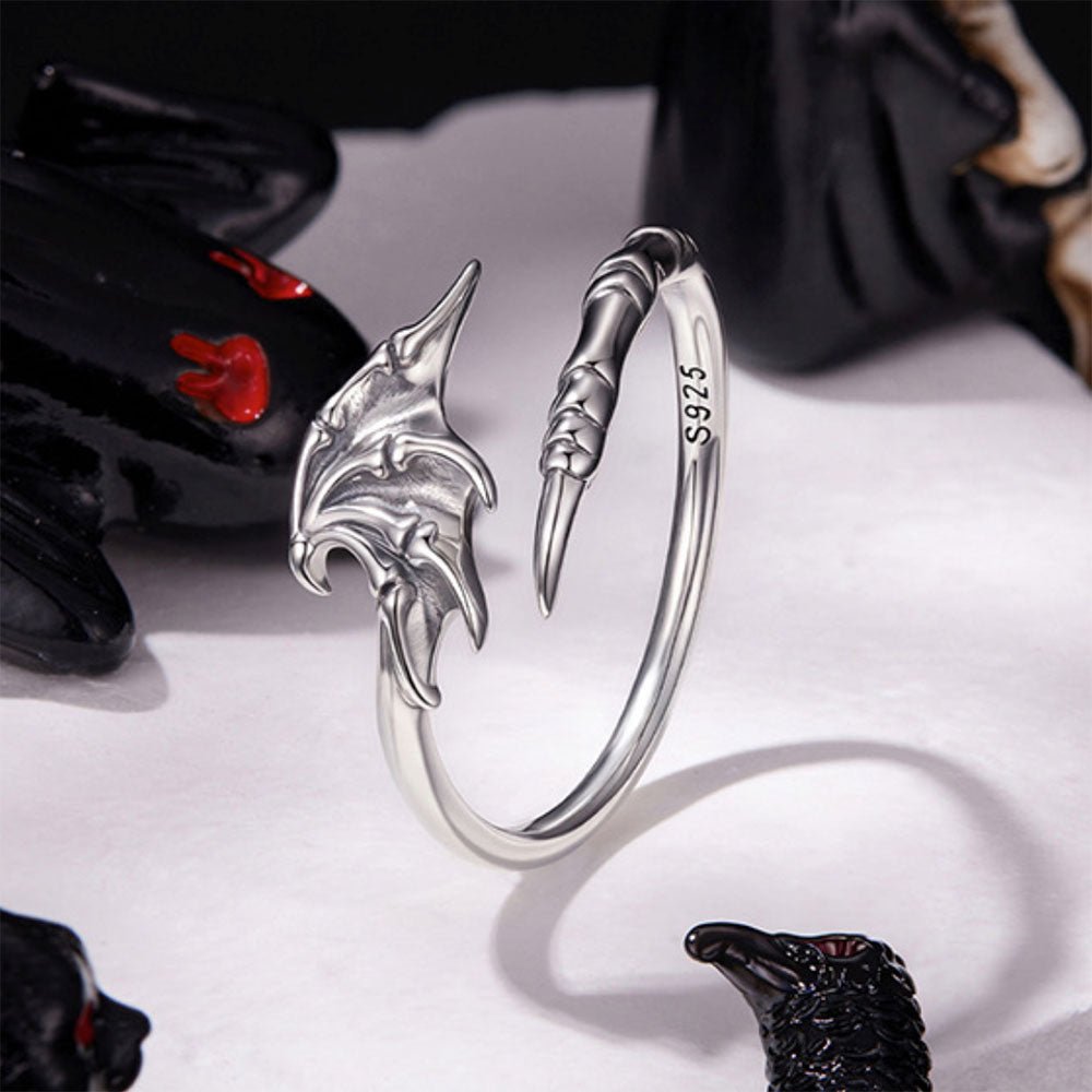 Halloween Bat Wing & Claw Open Ring - 925 Sterling Silver Gothic Adjustable Statement Ring - Aruary Studio ｜ Artisanal Jewelry