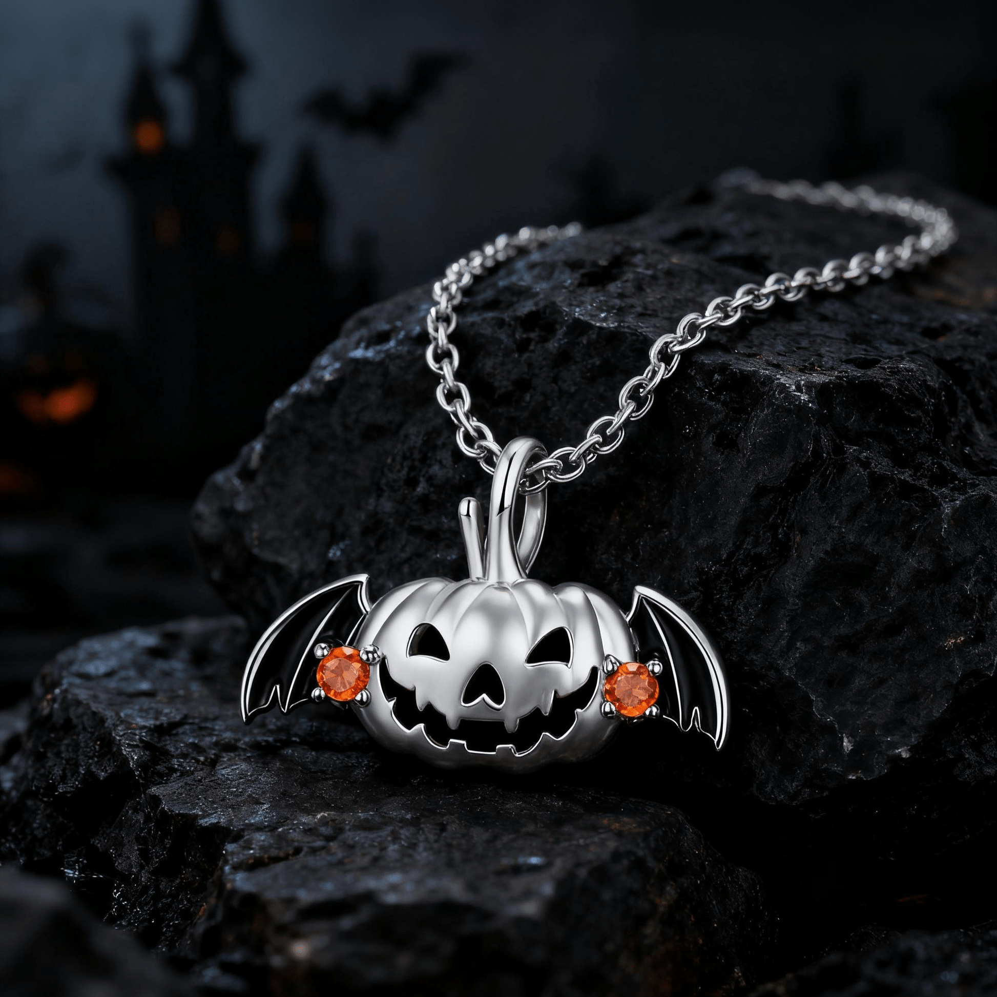 Halloween Pumpkin Bat Wing Necklace - 925 Sterling Silver Orange CZ Adjustable Spooky Jewelry - Aruary Studio ｜ Artisanal Jewelry